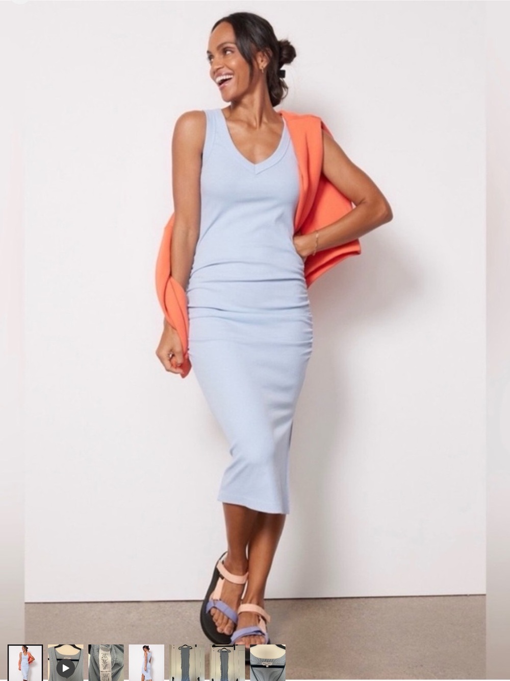 Michael Stars Esme Ribbed V-Neck Cotton Midi Dress | Size Large
